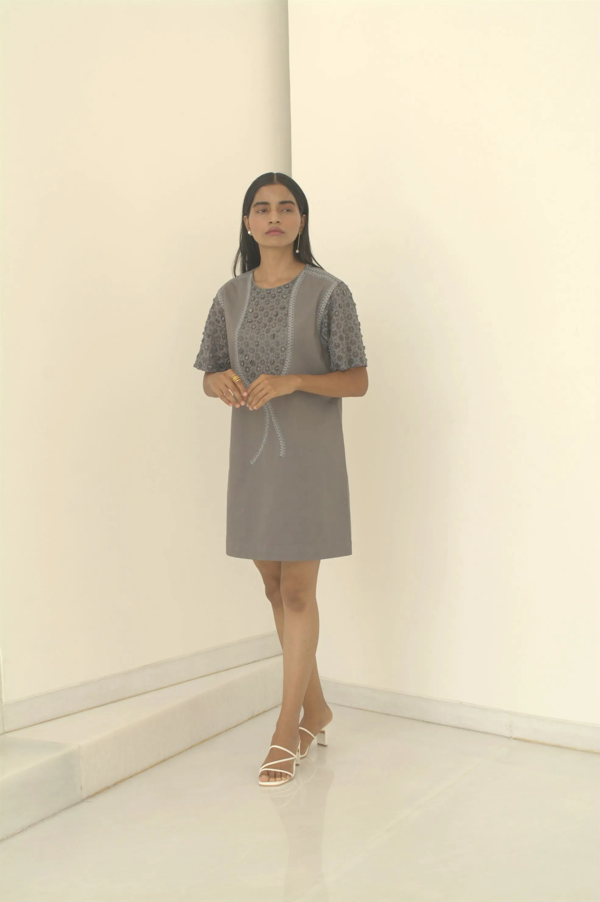 New Season Summer to Fall 2024-Dress Embellished Cotton Dolphin Grey-G/C/049-Suzanne-Fashion Edit Hemji