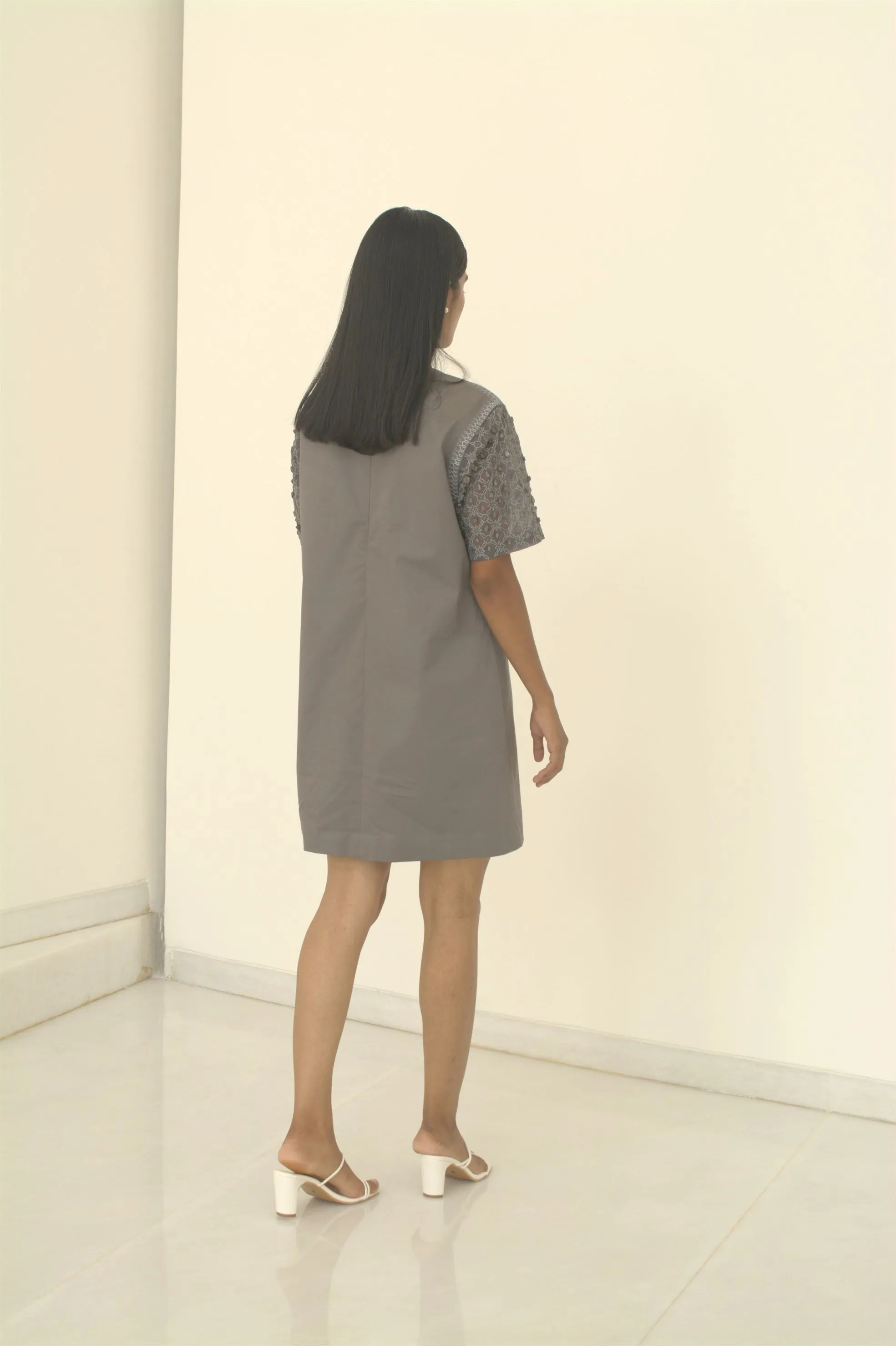 New Season Summer to Fall 2024-Dress Embellished Cotton Dolphin Grey-G/C/049-Suzanne-Fashion Edit Hemji