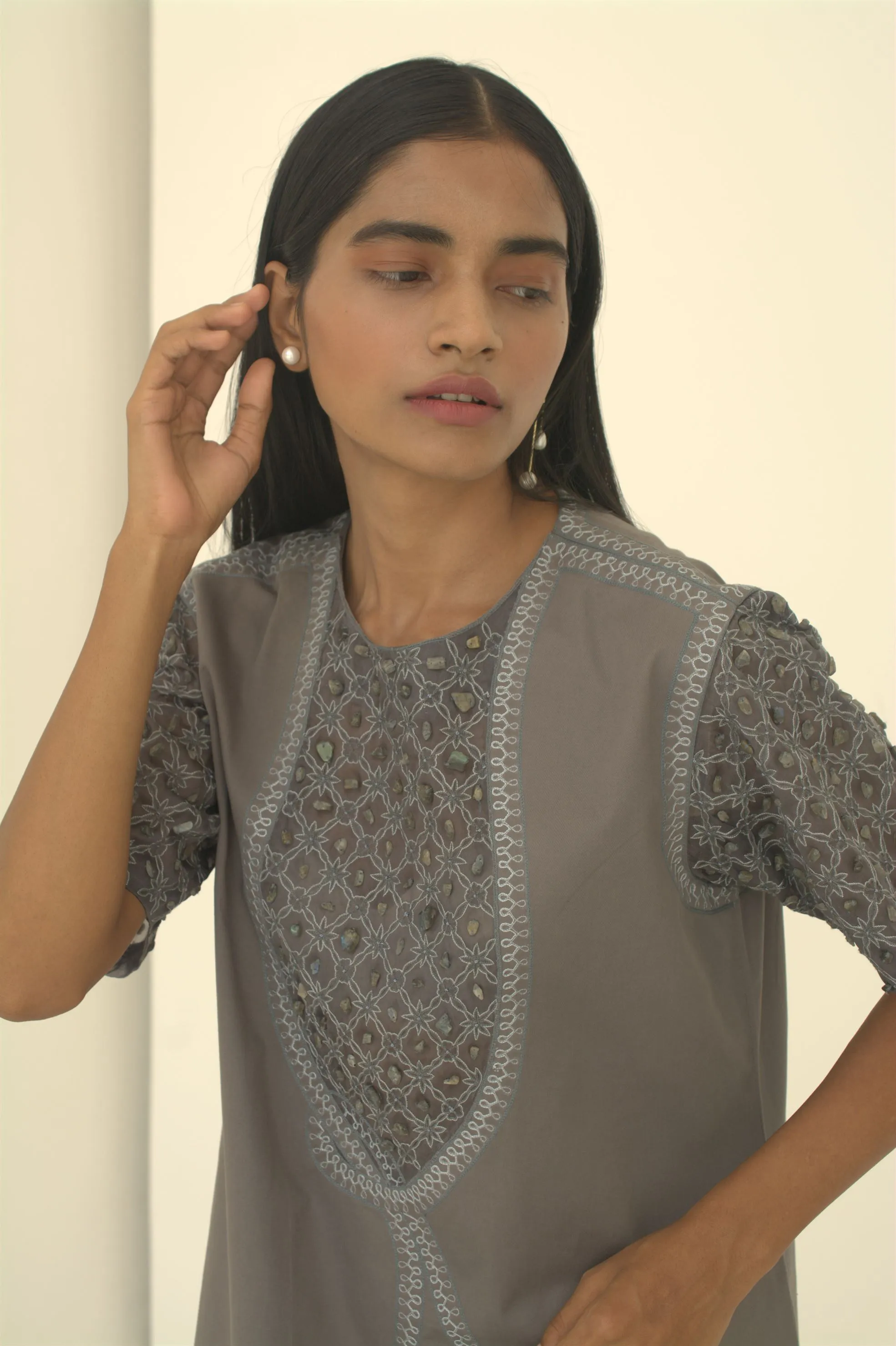 New Season Summer to Fall 2024-Dress Embellished Cotton Dolphin Grey-G/C/049-Suzanne-Fashion Edit Hemji