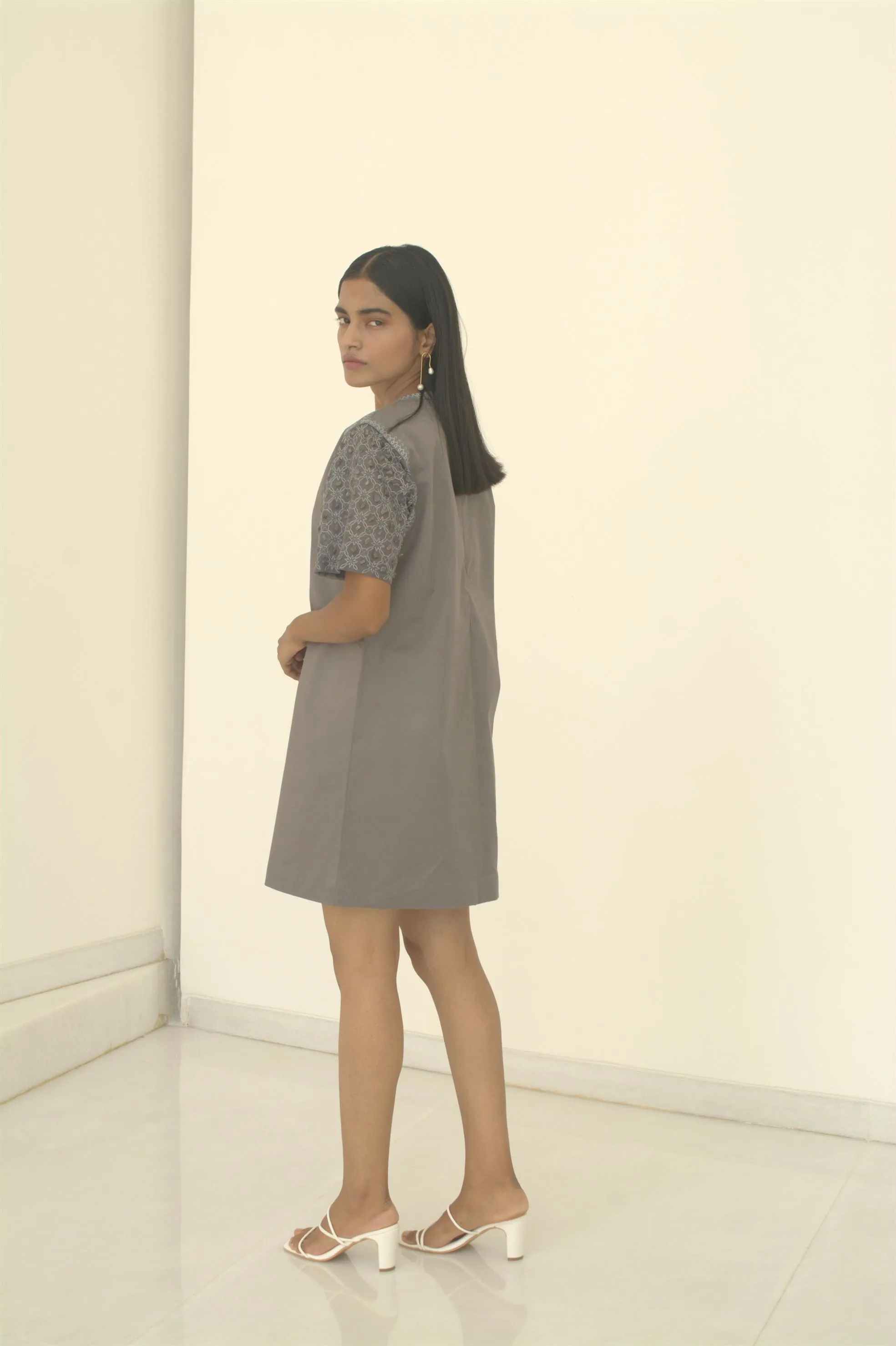 New Season Summer to Fall 2024-Dress Embellished Cotton Dolphin Grey-G/C/049-Suzanne-Fashion Edit Hemji