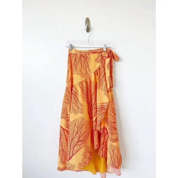 NWT Anthropologie Hutch Printed Wrap Maxi Skirt XS Orange Ruffled $140