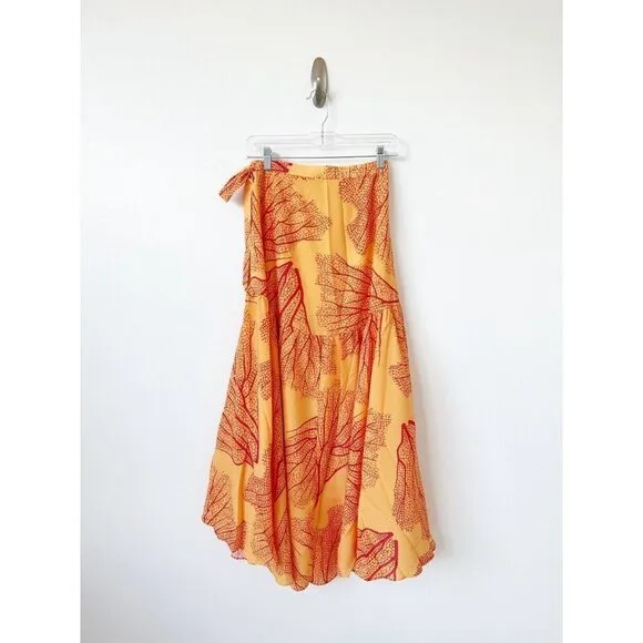 NWT Anthropologie Hutch Printed Wrap Maxi Skirt XS Orange Ruffled $140