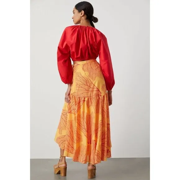 NWT Anthropologie Hutch Printed Wrap Maxi Skirt XS Orange Ruffled $140