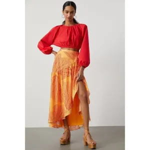 NWT Anthropologie Hutch Printed Wrap Maxi Skirt XS Orange Ruffled $140