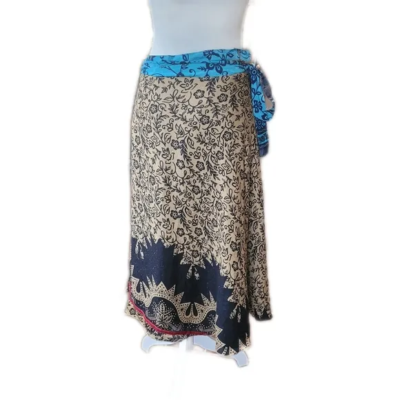 NWT Darn Good Silk Reversible Sari Wrap Maxi Skirt Floral Blue Tan Boho
