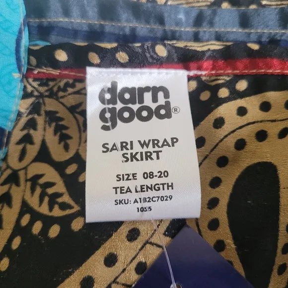 NWT Darn Good Silk Reversible Sari Wrap Maxi Skirt Floral Blue Tan Boho