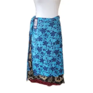 NWT Darn Good Silk Reversible Sari Wrap Maxi Skirt Floral Blue Tan Boho