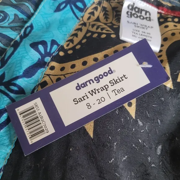 NWT Darn Good Silk Reversible Sari Wrap Maxi Skirt Floral Blue Tan Boho