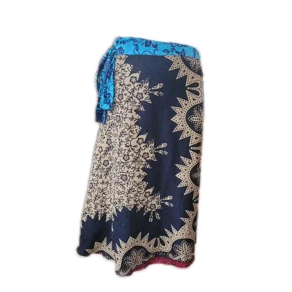 NWT Darn Good Silk Reversible Sari Wrap Maxi Skirt Floral Blue Tan Boho