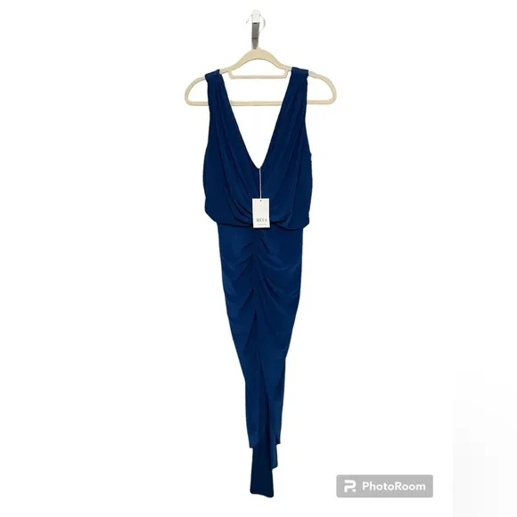 NWT Misa Los Angeles Leza Gathered Crossover Sleeveless Tulip Maxi Dress in Blue