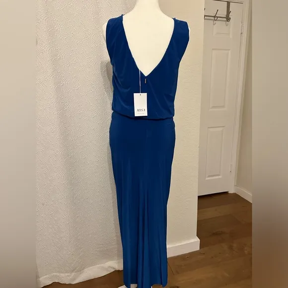 NWT Misa Los Angeles Leza Gathered Crossover Sleeveless Tulip Maxi Dress in Blue