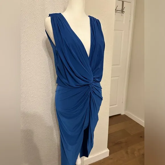 NWT Misa Los Angeles Leza Gathered Crossover Sleeveless Tulip Maxi Dress in Blue