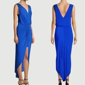 NWT Misa Los Angeles Leza Gathered Crossover Sleeveless Tulip Maxi Dress in Blue