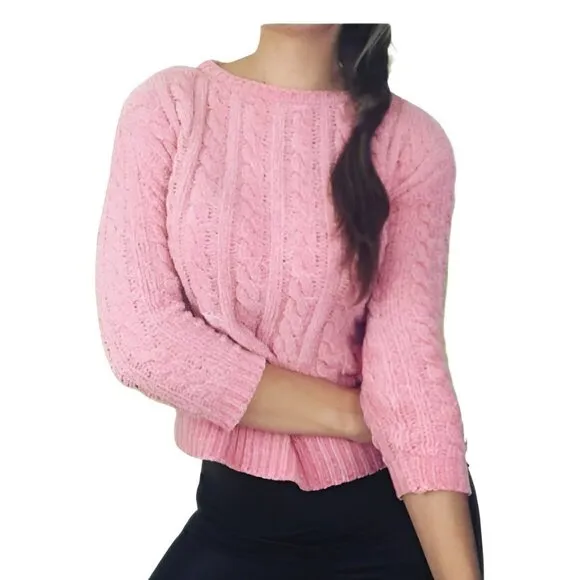NWT Philosophy Pale Pink Soft Chunky Warm Cropped Chenille Cable Knit Sweater L