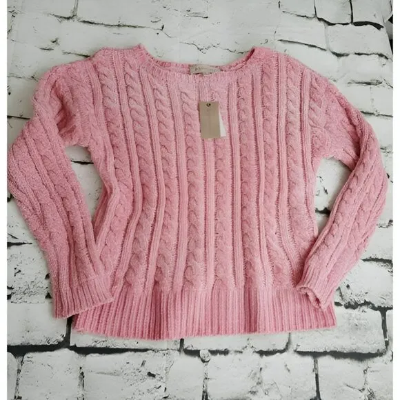 NWT Philosophy Pale Pink Soft Chunky Warm Cropped Chenille Cable Knit Sweater L