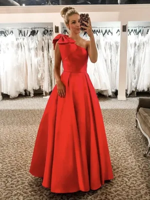 One Shoulder Floor Length Red Satin Long Prom, One Shoulder Red Formal, Red Evening