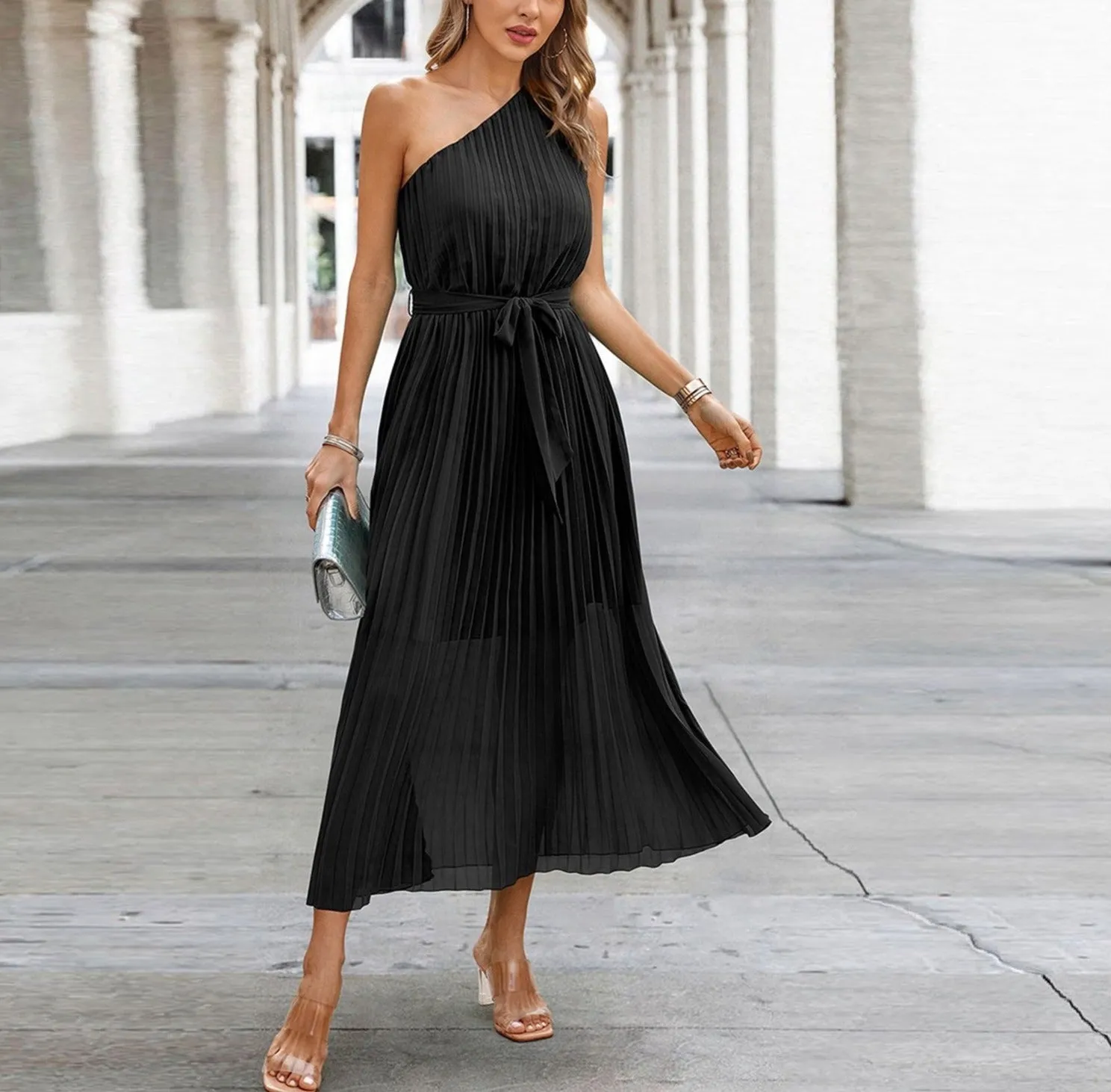 One Shoulder Pleated Maxi Dress