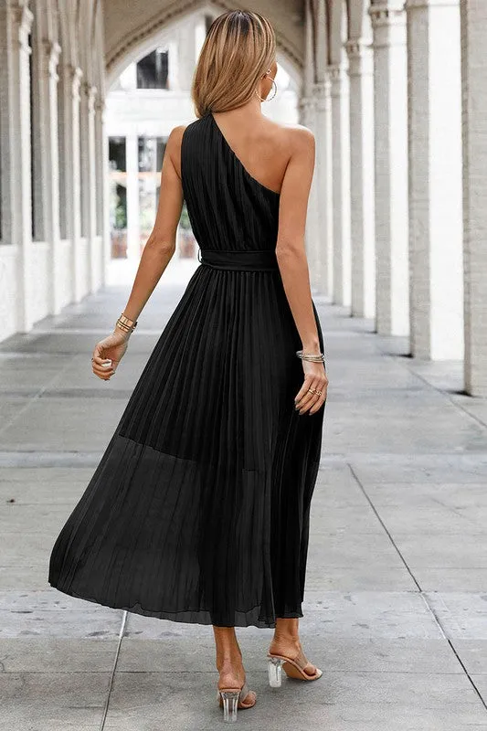 One Shoulder Pleated Maxi Dress