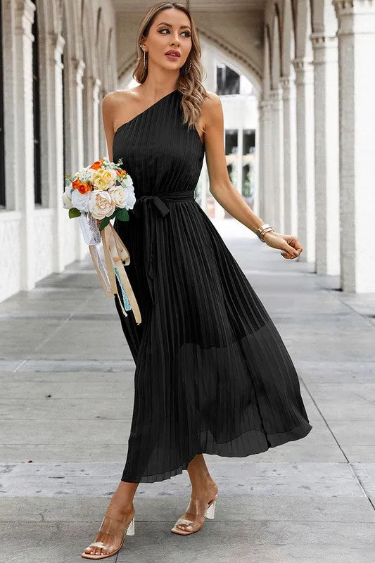 One Shoulder Pleated Maxi Dress