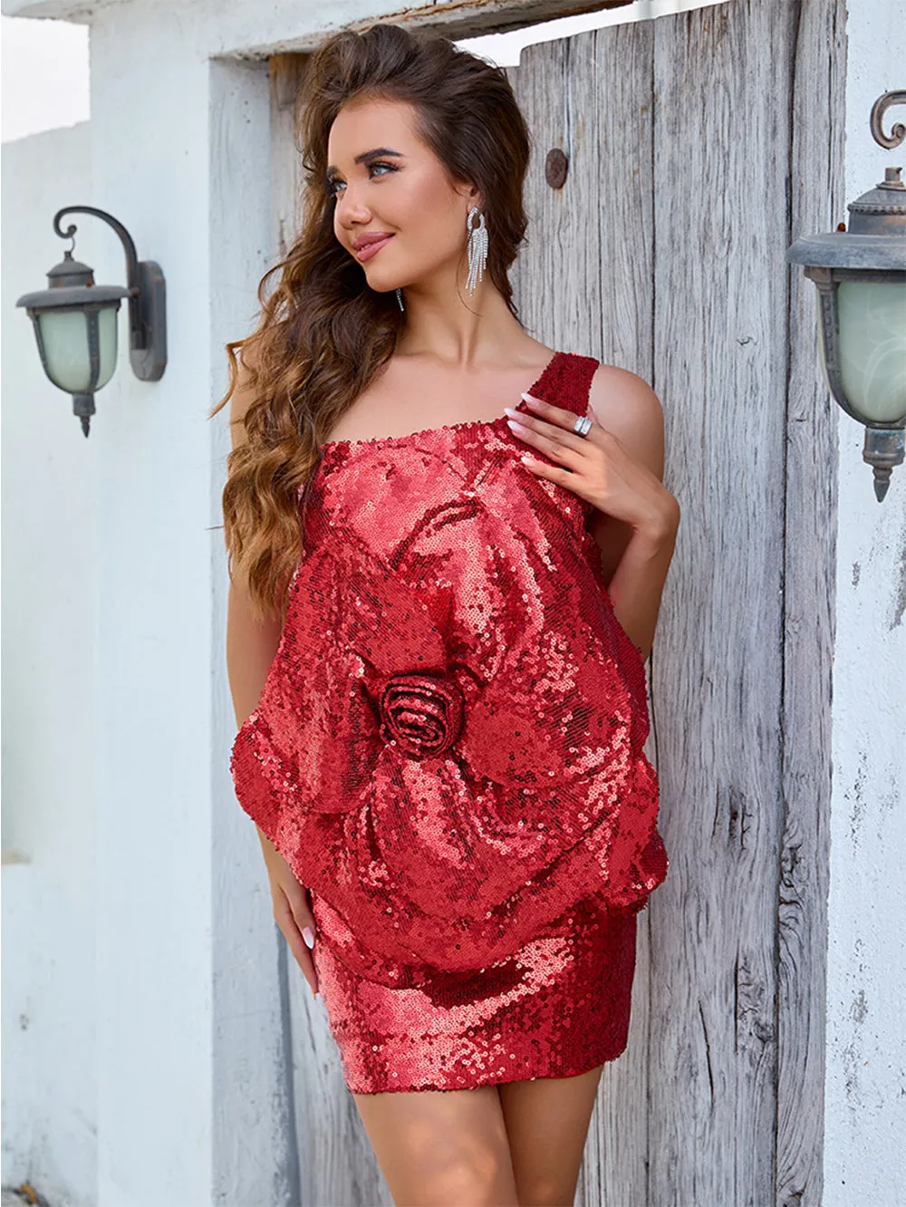 One Shoulder Sleeveless Flower Mini Dress KLYF1066