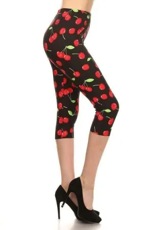 One Size Cherry Print Capri Leggings