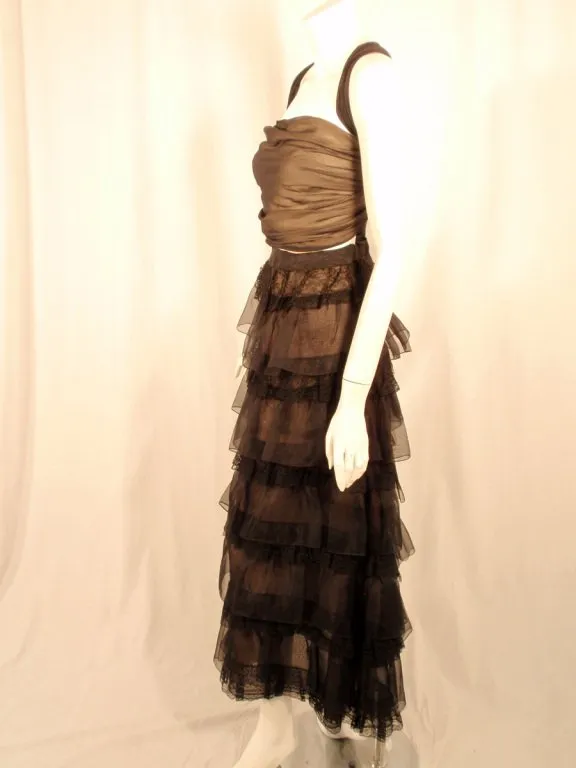 OSCAR DE LA RENTA 2003 Black Organza Ruffle Skirt & Wrap Top