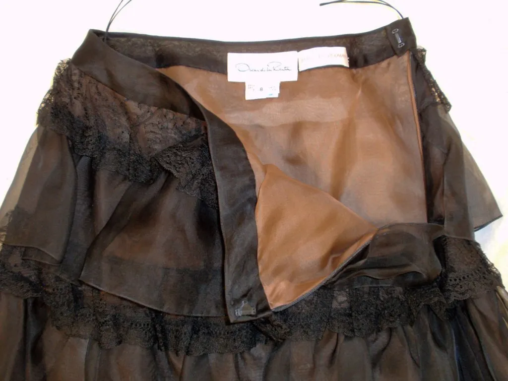 OSCAR DE LA RENTA 2003 Black Organza Ruffle Skirt & Wrap Top