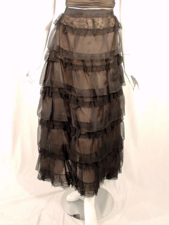 OSCAR DE LA RENTA 2003 Black Organza Ruffle Skirt & Wrap Top