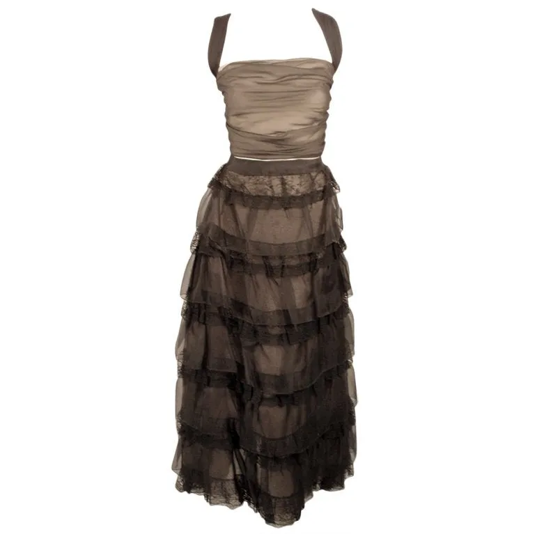 OSCAR DE LA RENTA 2003 Black Organza Ruffle Skirt & Wrap Top