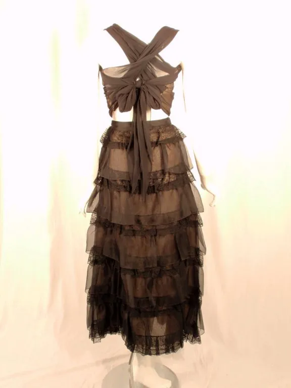 OSCAR DE LA RENTA 2003 Black Organza Ruffle Skirt & Wrap Top