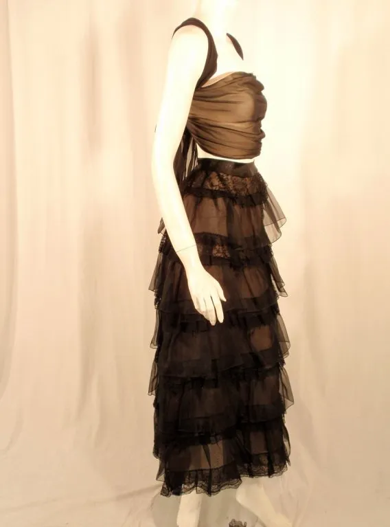 OSCAR DE LA RENTA 2003 Black Organza Ruffle Skirt & Wrap Top