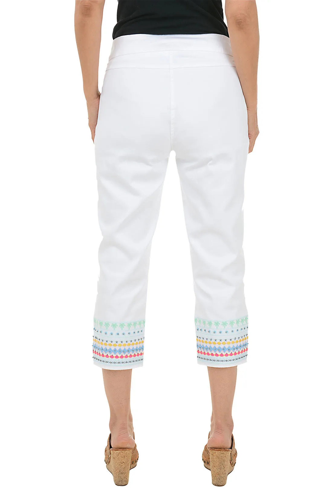 Palm Embroidered Hem Denim Capri Pant