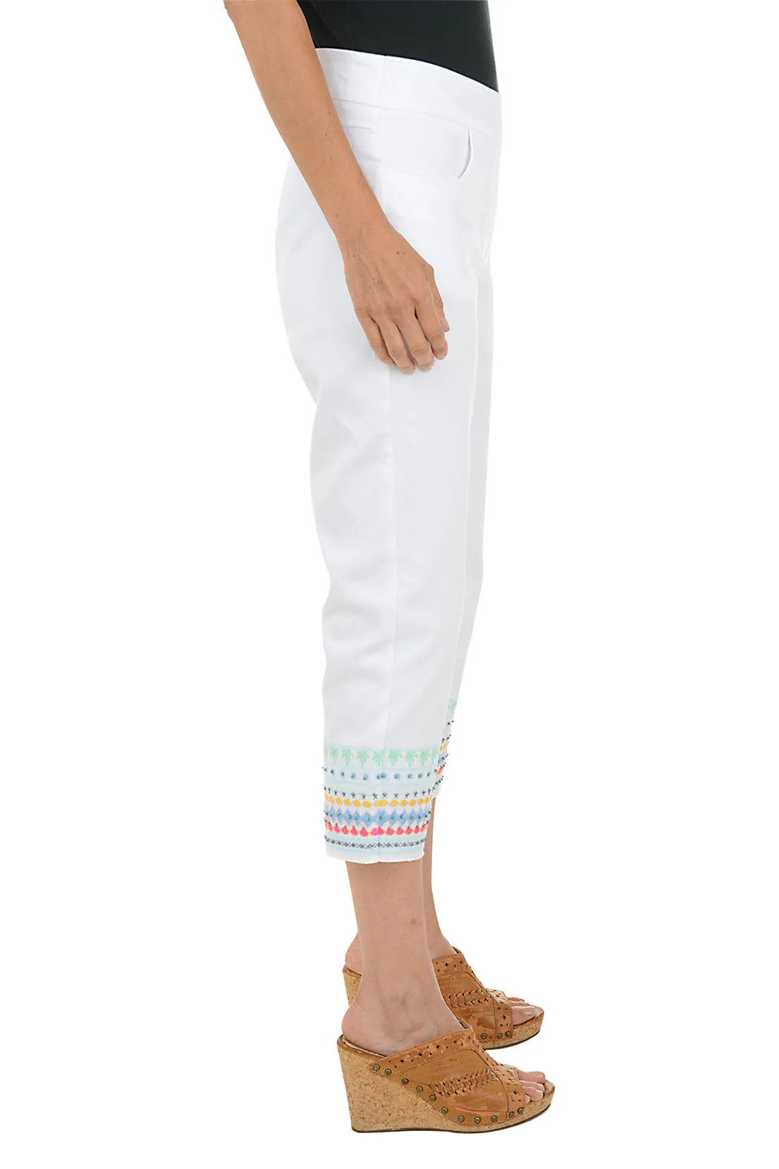Palm Embroidered Hem Denim Capri Pant
