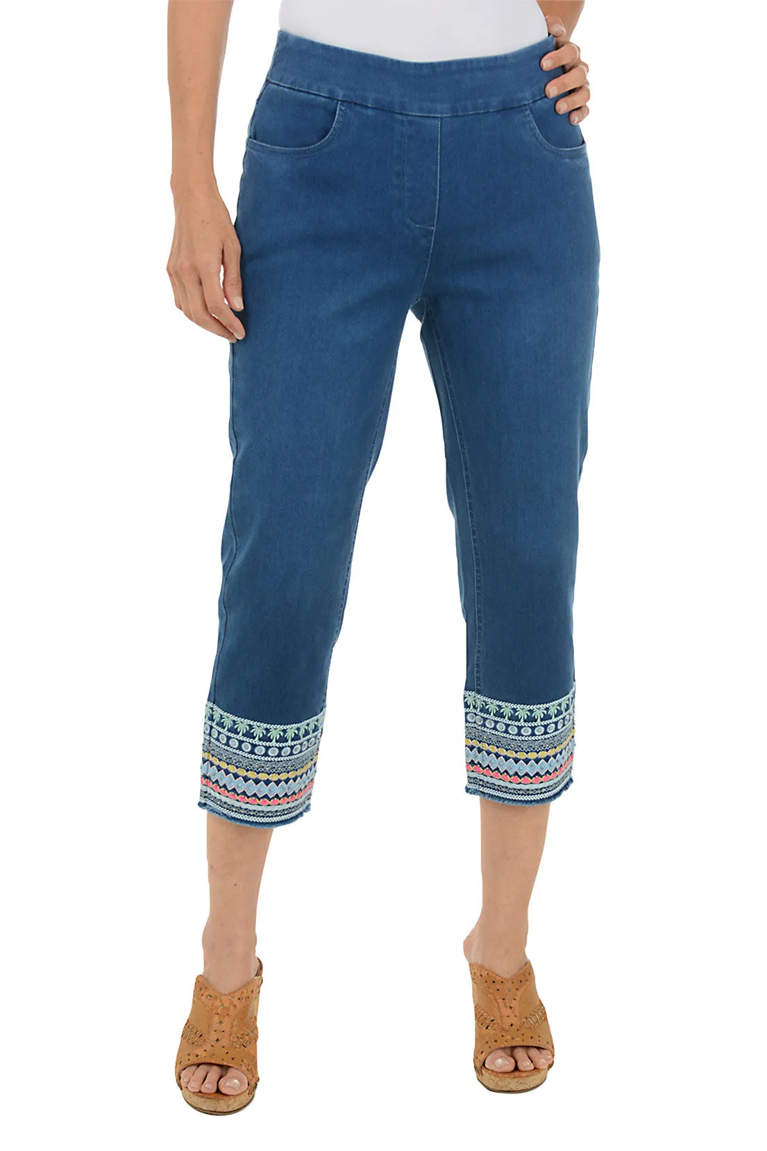 Palm Embroidered Hem Denim Capri Pant