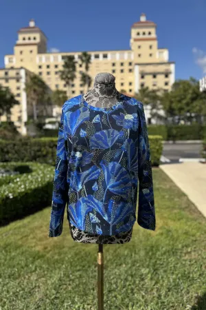Pashma Blue and Black Ginko Leaf Sweater and Scarf Set