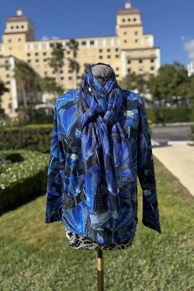 Pashma Blue and Black Ginko Leaf Sweater and Scarf Set