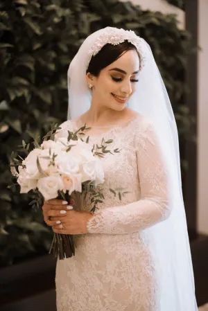 Pearl and Lace Headband Bridal Veil: Turban Headpiece