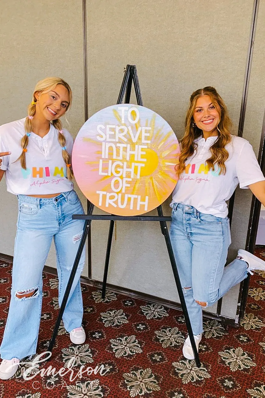 Phi Mu PR Colorful Letters Henley Tee