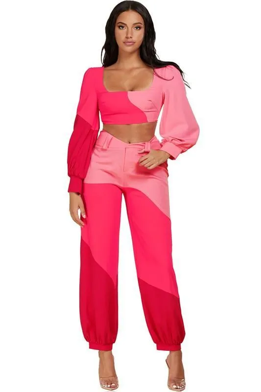 PINK COLORBLOCK  2PC PANT SET