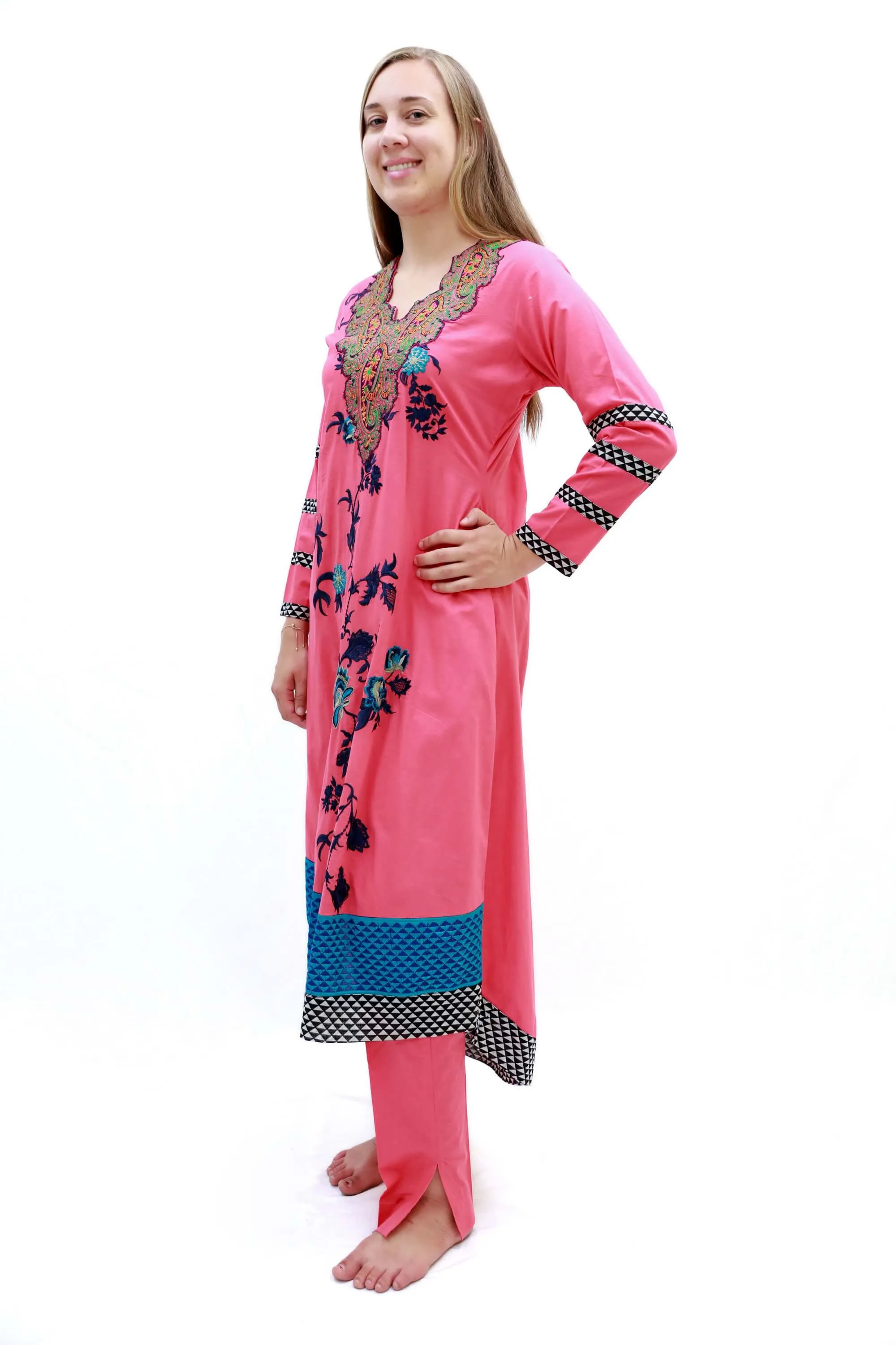Pink Cotton Embroidery Suit