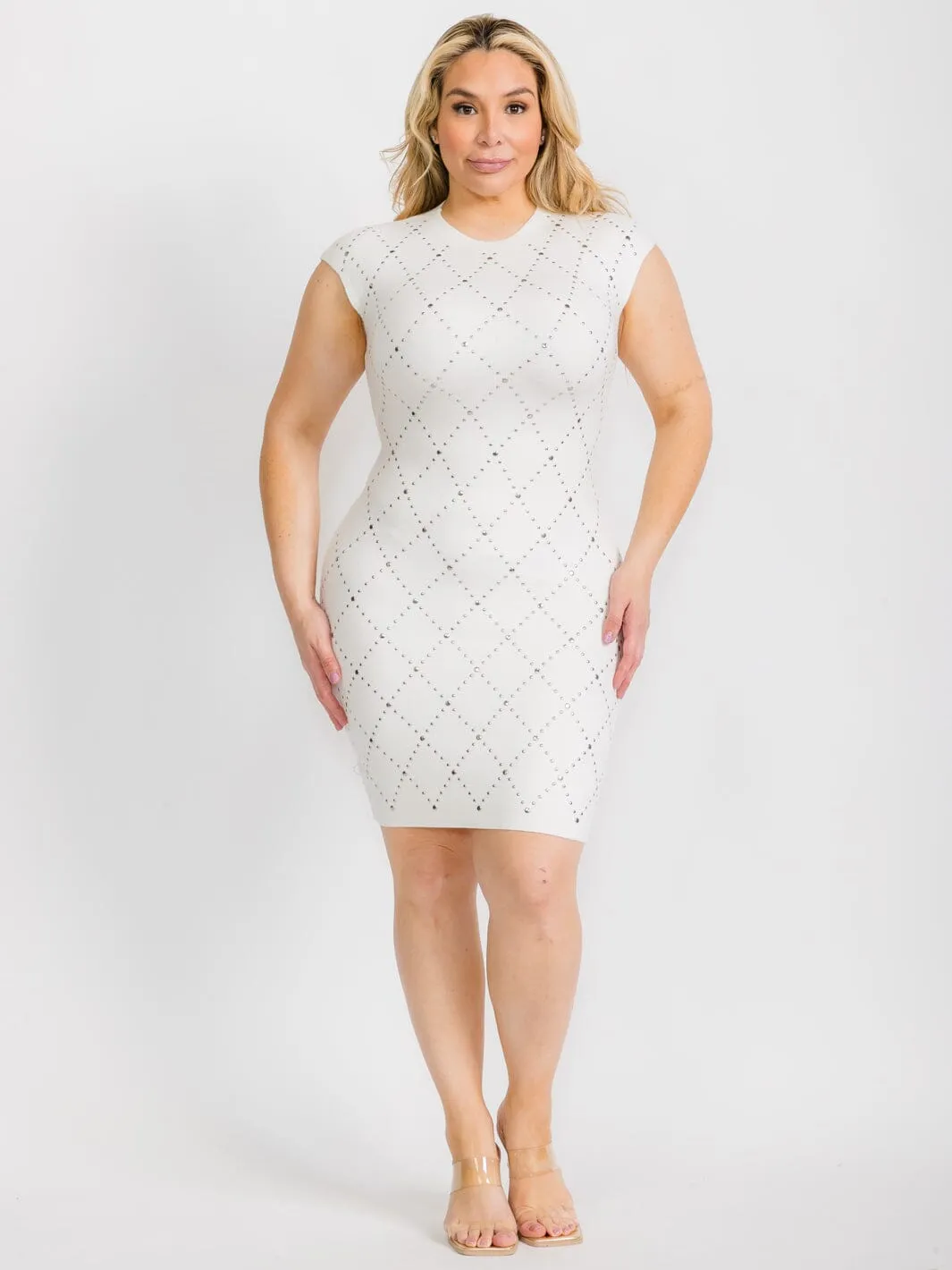 PLUS SIZE SLEEVELESS STUDS DETAILED BODYCON MINI DRESS