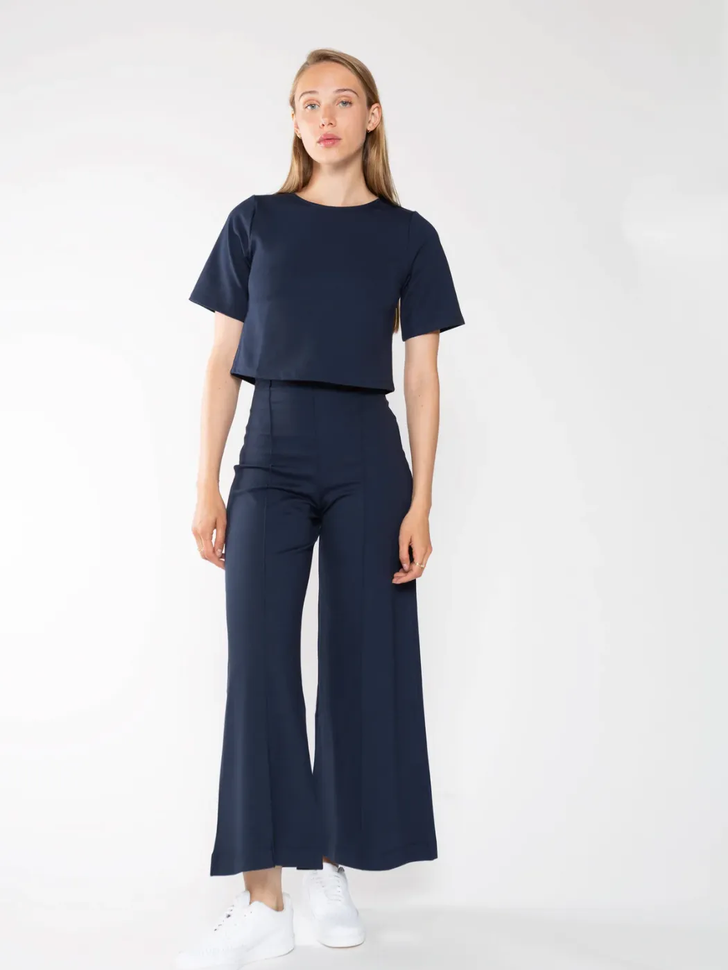 Ponte Knit Wide Cropped Navy