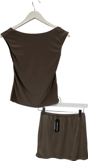 PrettyLittleThing Brown Slinky Open Back Cap Sleeve Top And Mini Skirt In Mocha UK 14