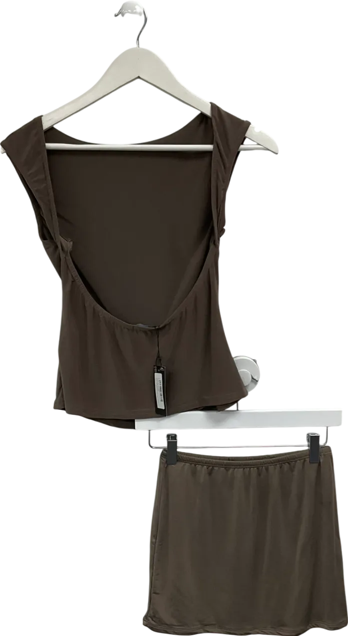PrettyLittleThing Brown Slinky Open Back Cap Sleeve Top And Mini Skirt In Mocha UK 14