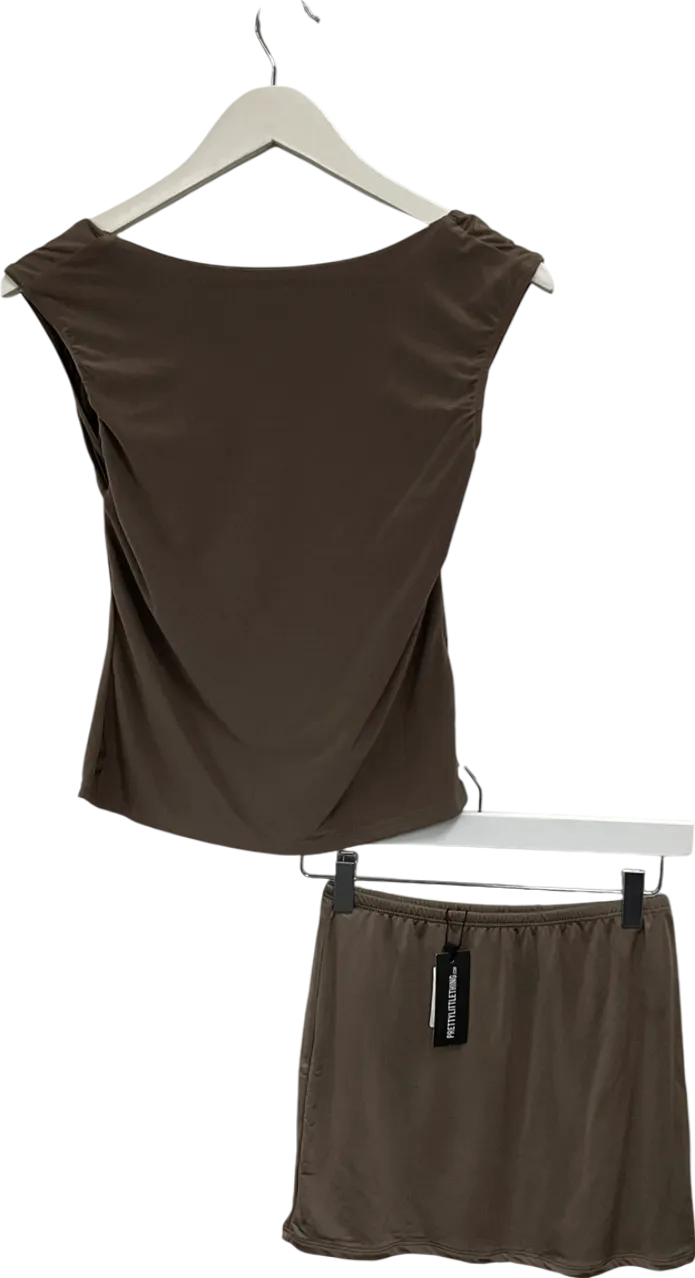 PrettyLittleThing Brown Slinky Open Back Cap Sleeve Top And Mini Skirt In Mocha UK 14