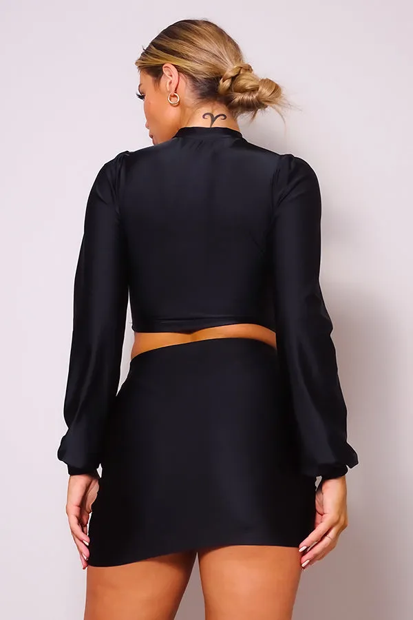 Puff Cutout Turtleneck & Side Ruched Garter Mini Skirt Set