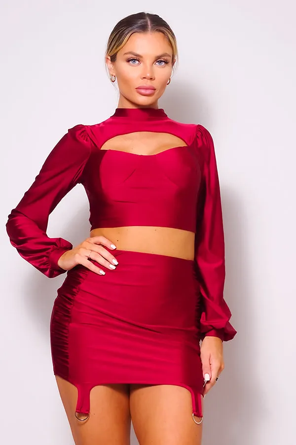Puff Cutout Turtleneck & Side Ruched Garter Mini Skirt Set