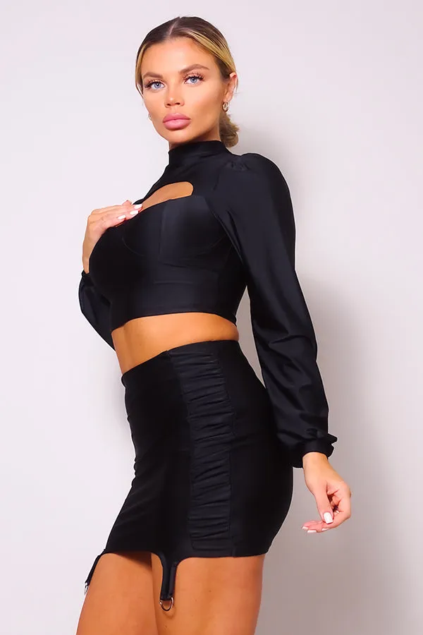 Puff Cutout Turtleneck & Side Ruched Garter Mini Skirt Set