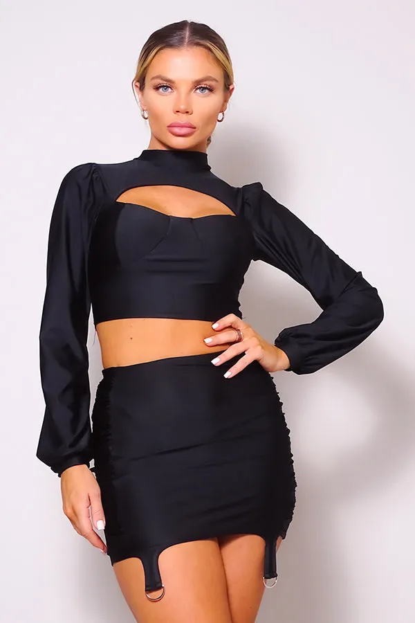 Puff Cutout Turtleneck & Side Ruched Garter Mini Skirt Set