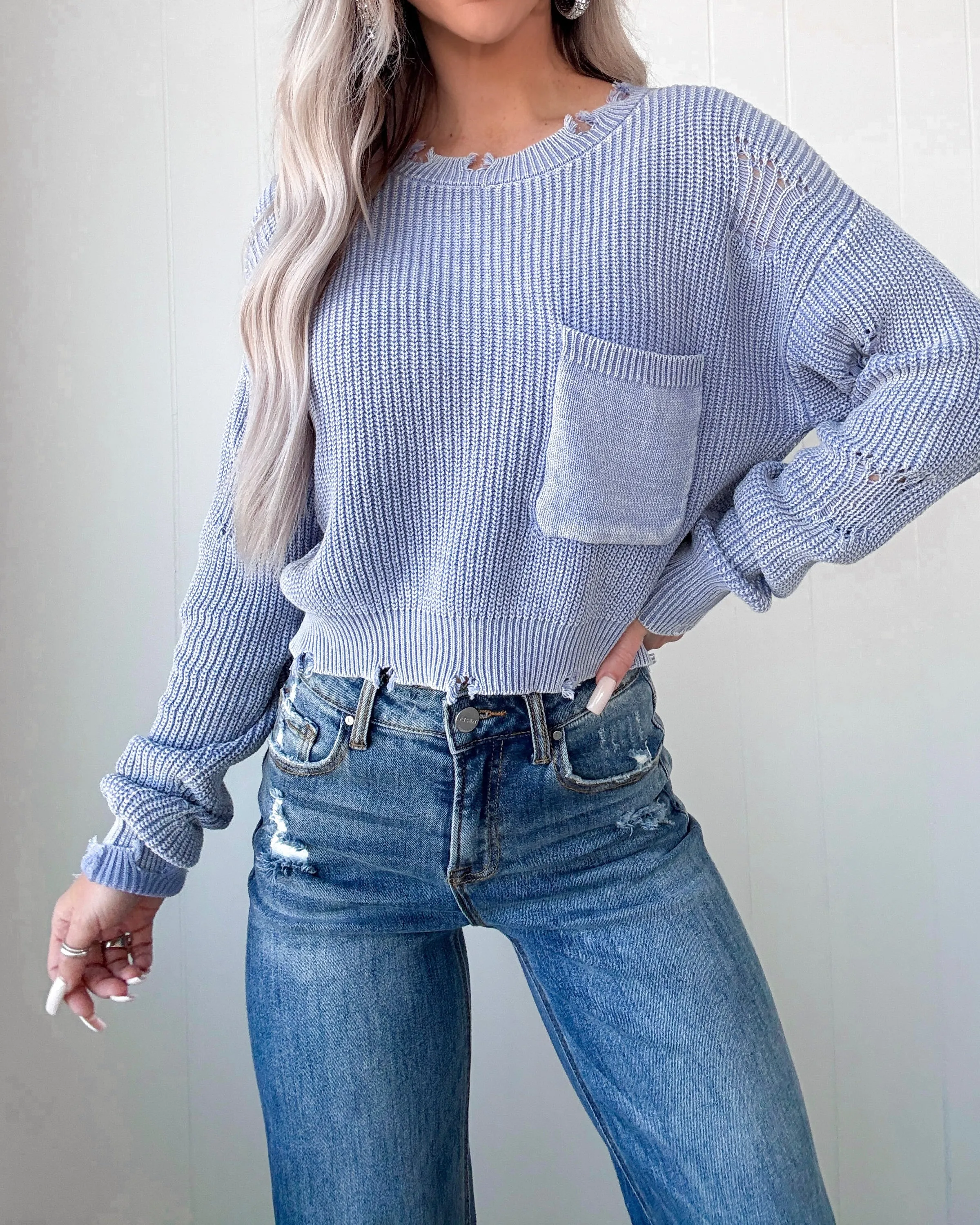 Purely Perfect Distressed Sweater - Dusty Blue